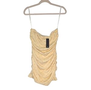 NWT Lulu's beige polka dot strapless crush ruched mini dress size woman's small